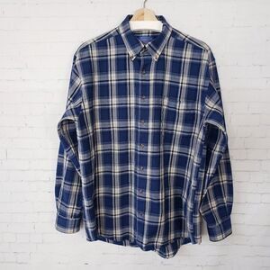 Pendleton VTG 100% Virgin Wool Flannel Shirt Mens Size L Long Blue Plaid *Flaw